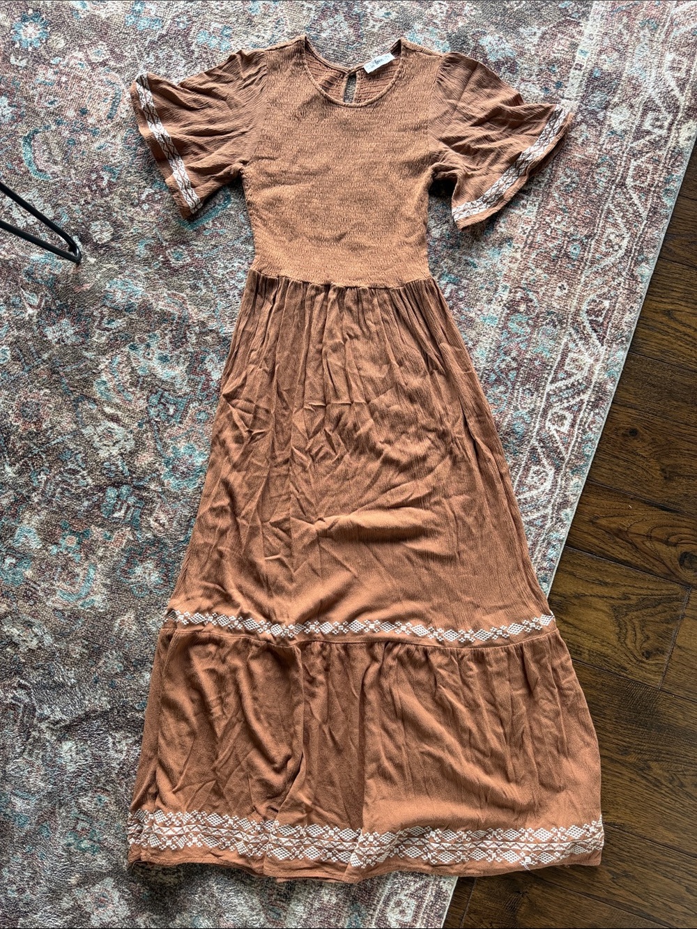 Boho Maternity Maxi Dress in Rust with Embroidered Trim